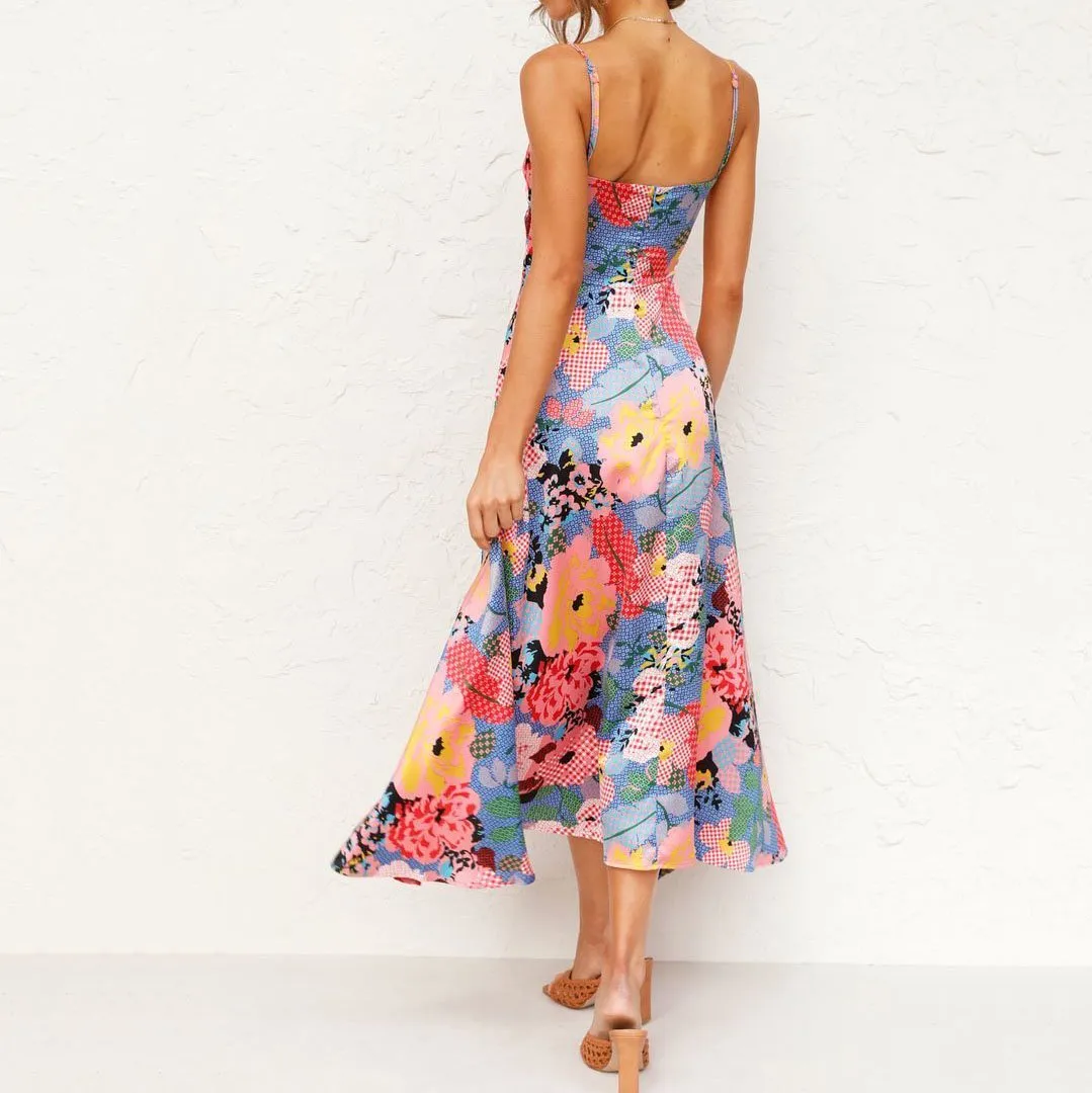 Contrasting color personalized print suspender dress long skirt