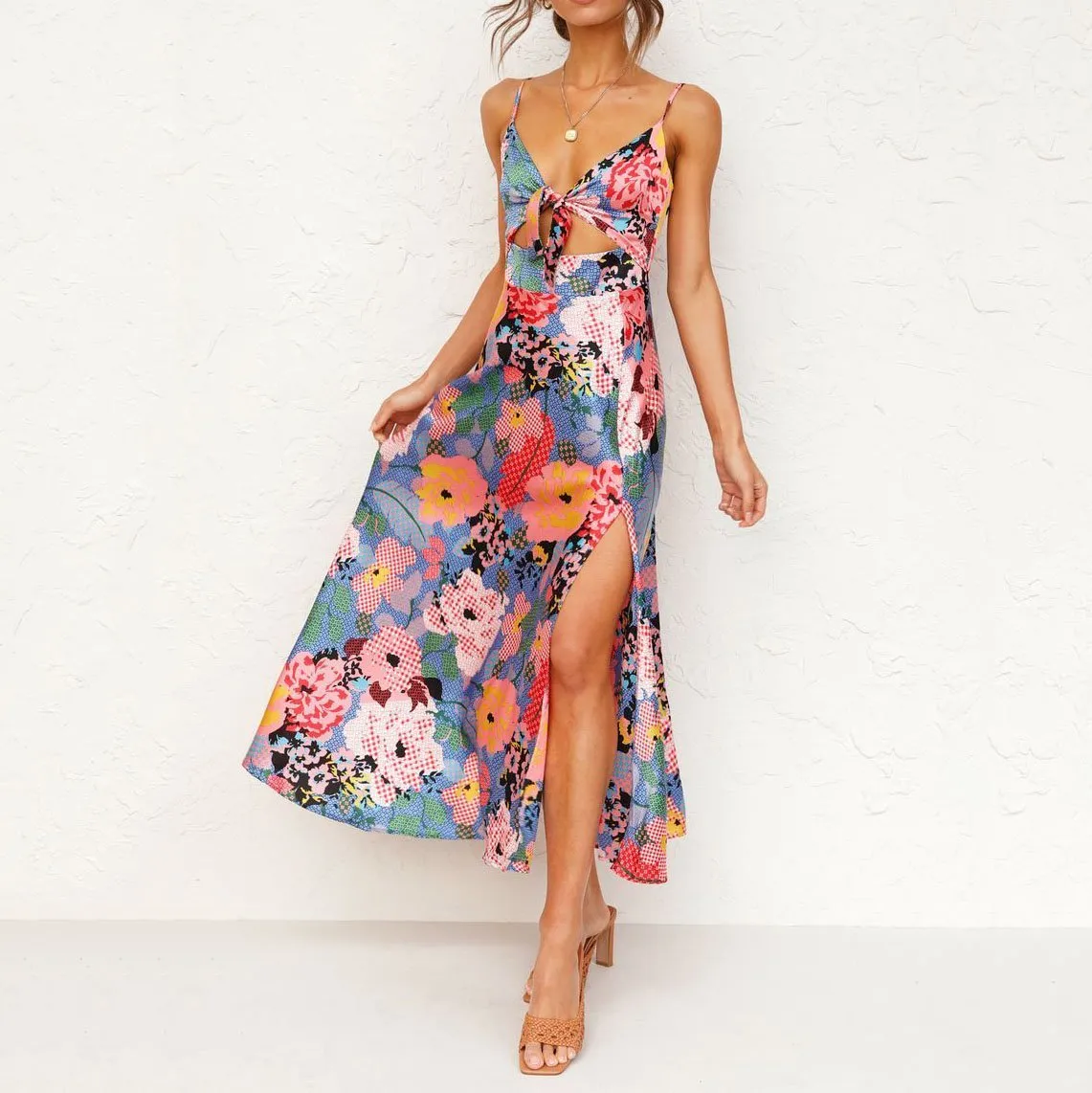 Contrasting color personalized print suspender dress long skirt