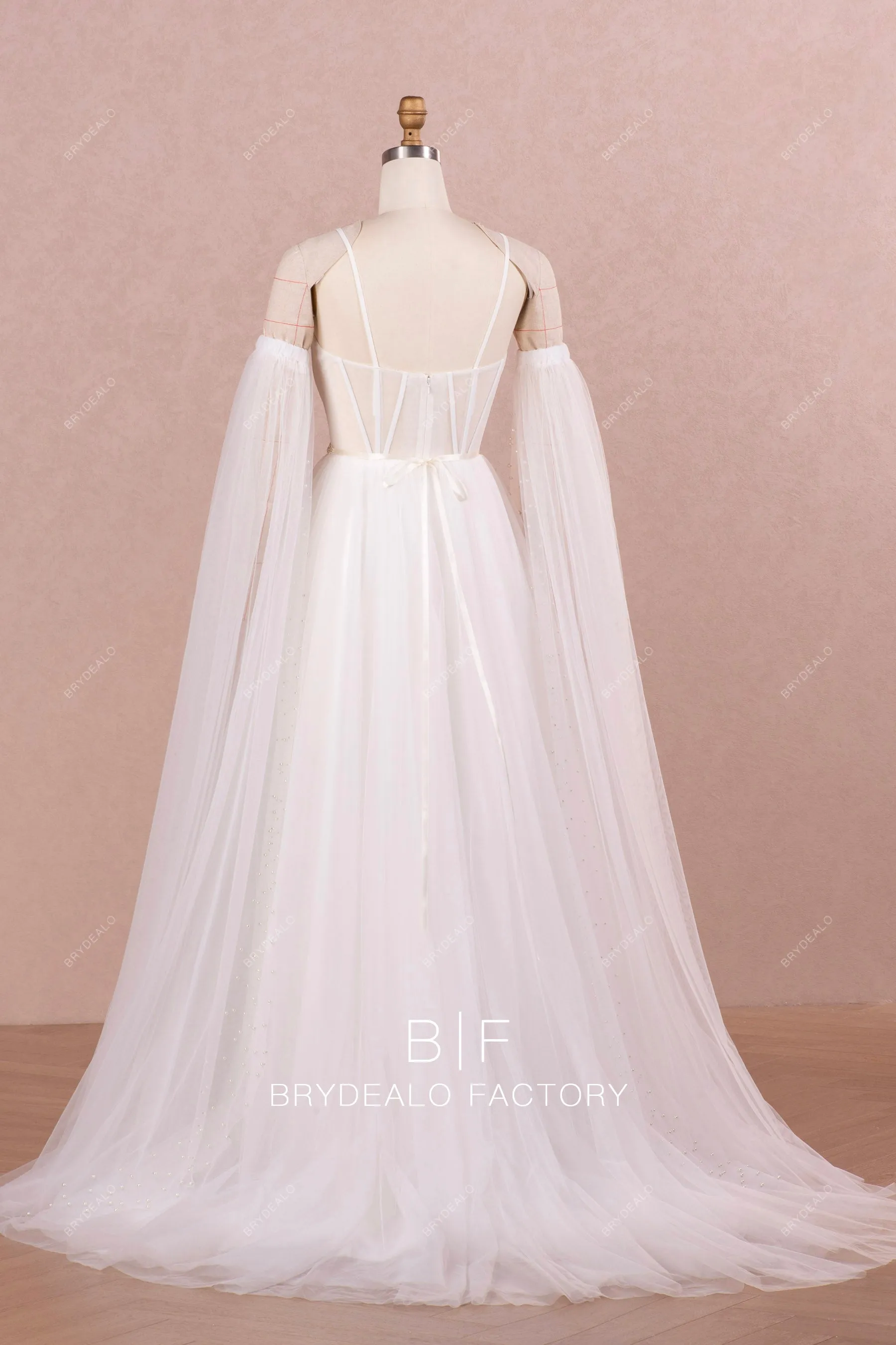 Corset A-line Tulle Wedding Dress with Detachable Long Pearl Sleeves