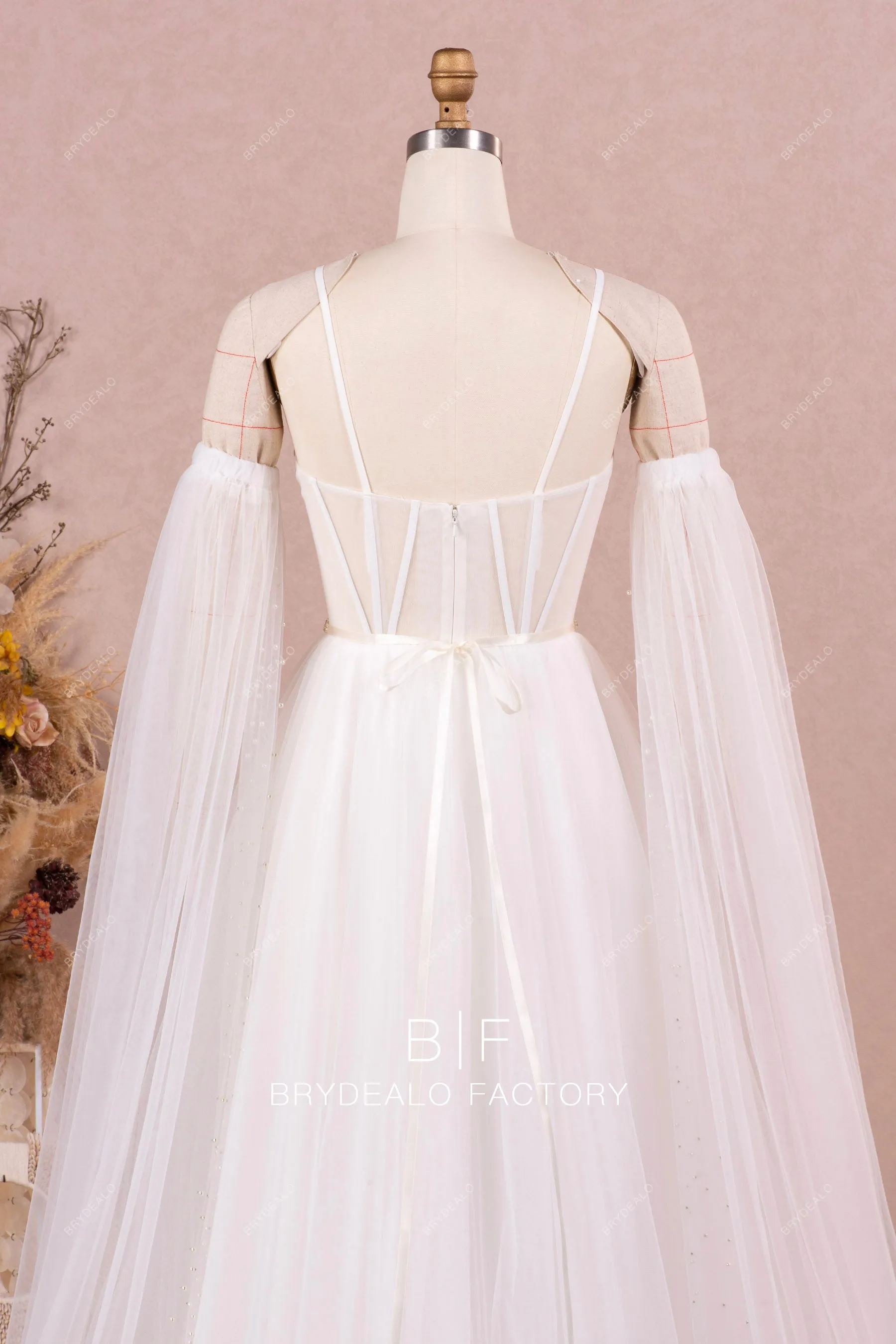 Corset A-line Tulle Wedding Dress with Detachable Long Pearl Sleeves