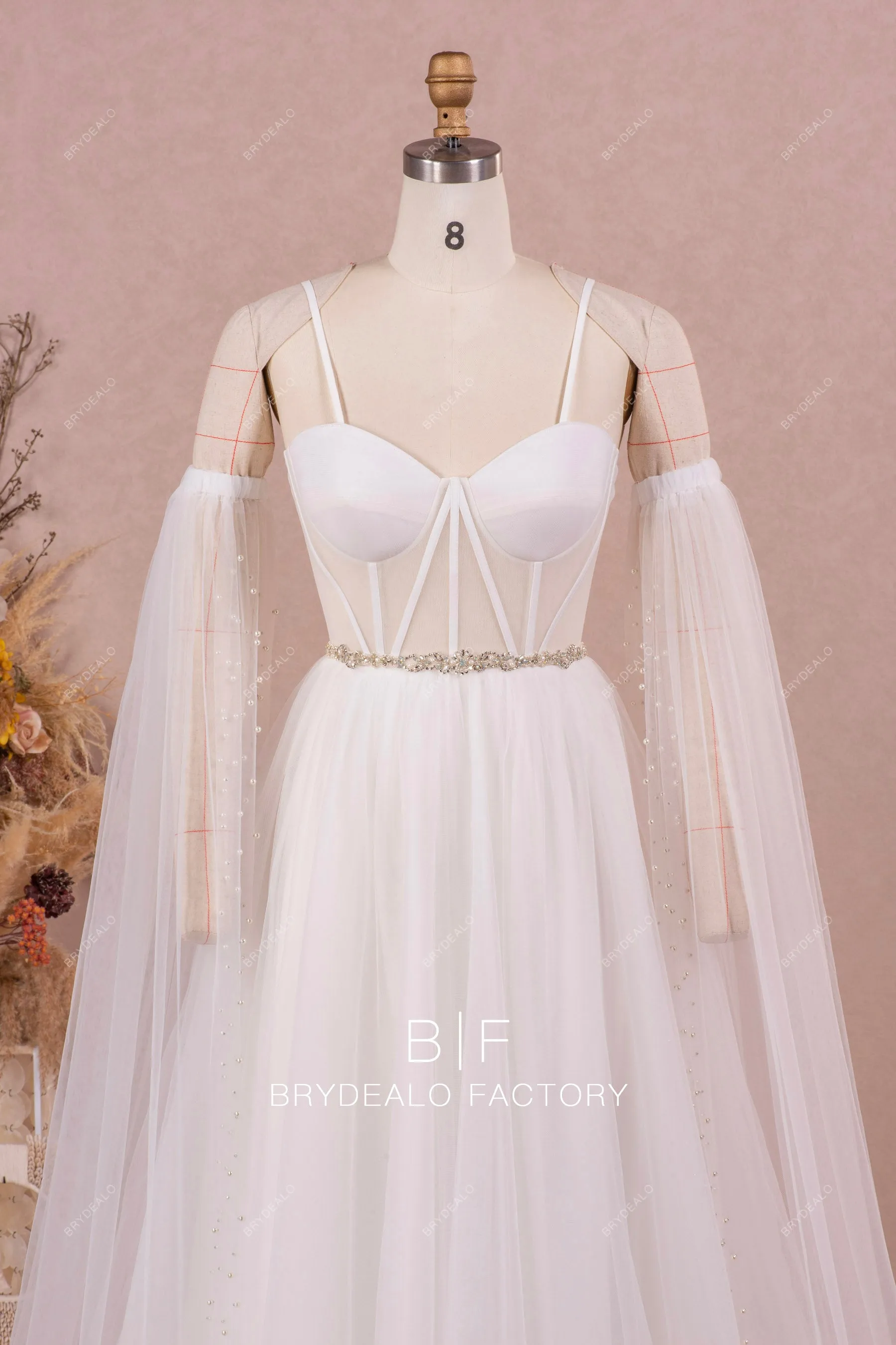 Corset A-line Tulle Wedding Dress with Detachable Long Pearl Sleeves