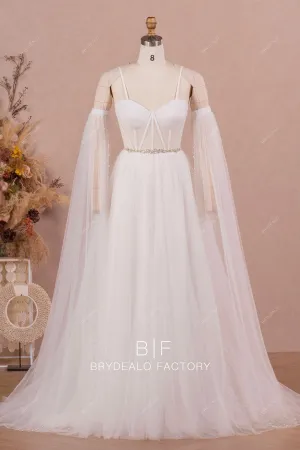 Corset A-line Tulle Wedding Dress with Detachable Long Pearl Sleeves