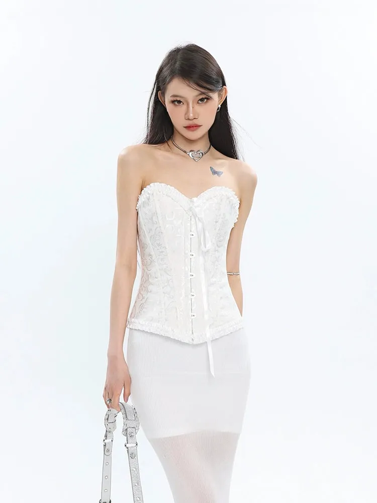 Corset Top with Feather Detail and Tulle Peplum