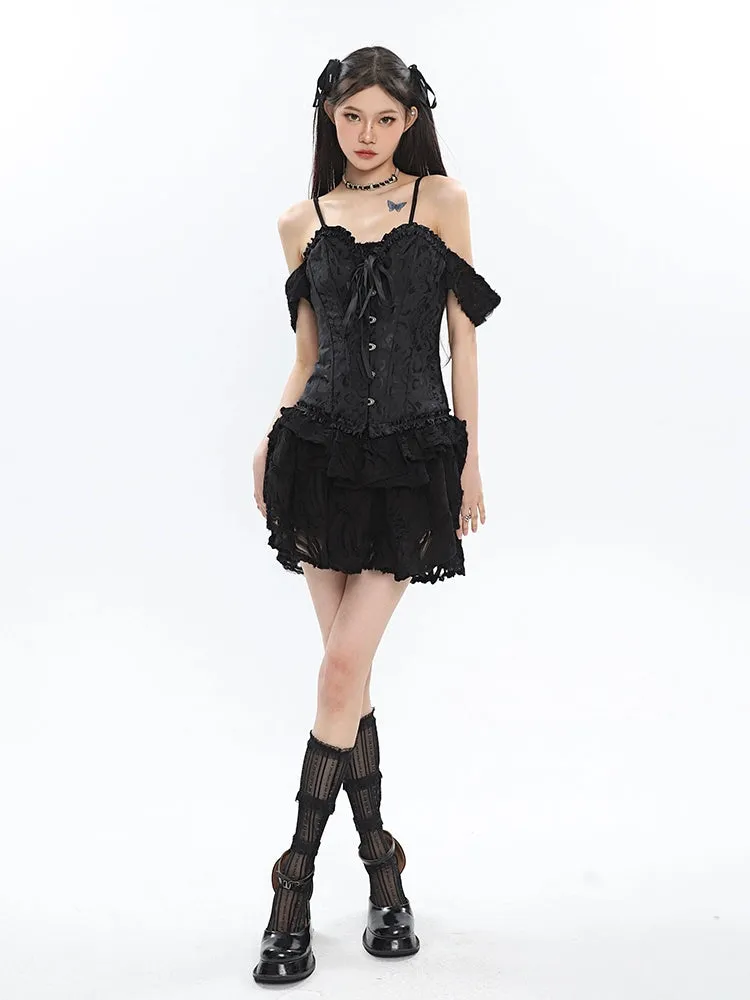 Corset Top with Feather Detail and Tulle Peplum