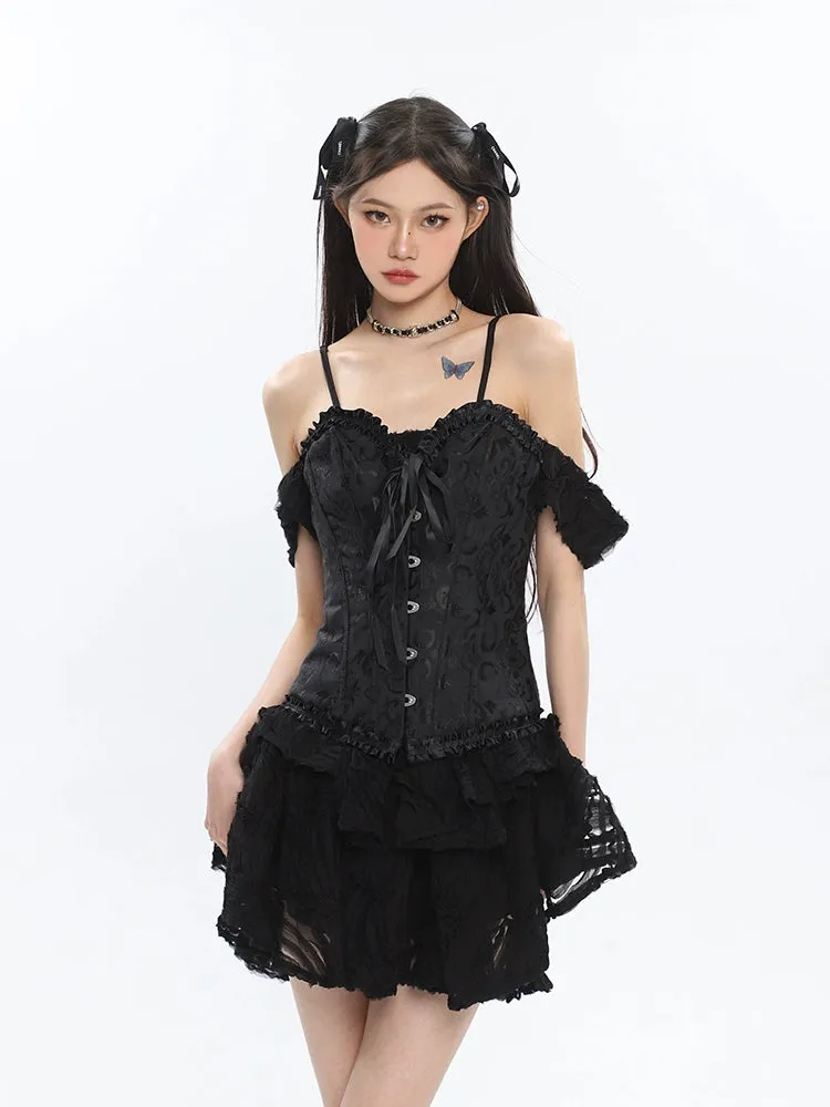 Corset Top with Feather Detail and Tulle Peplum