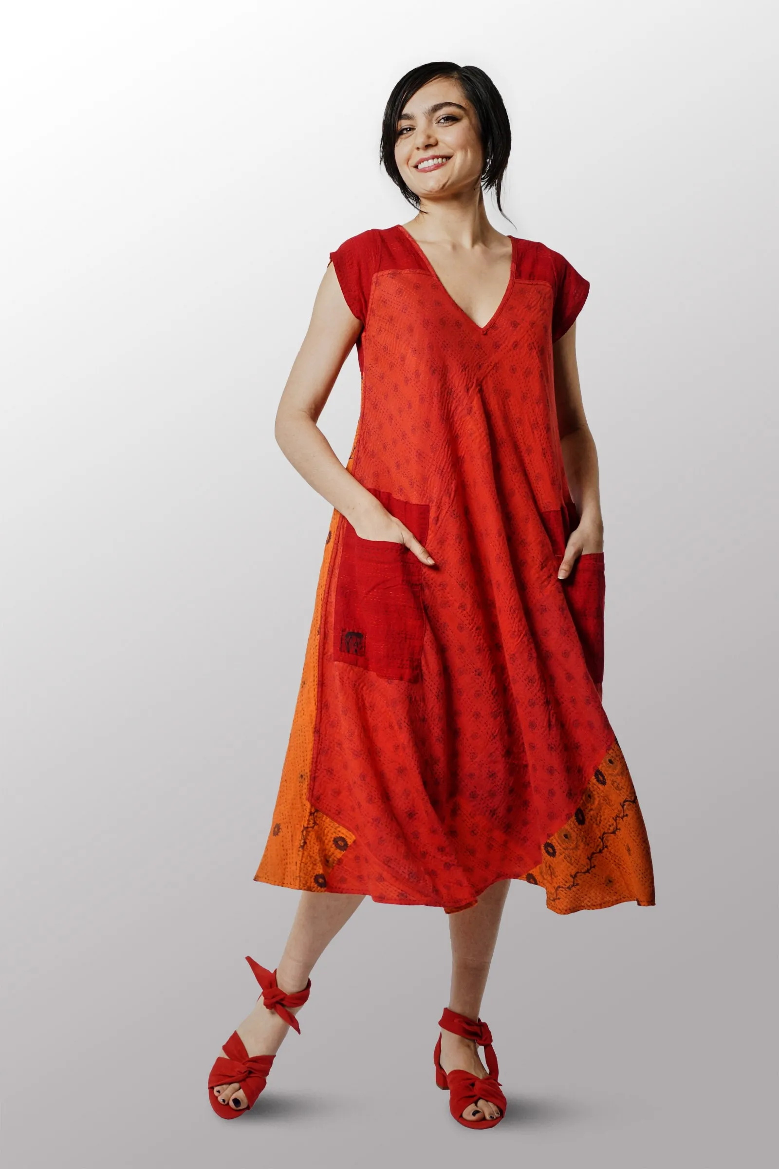 COTTON SILK SW PATCH OMBRE KANTHA CAP SLV. FLARE DRESS - wo2425-org -