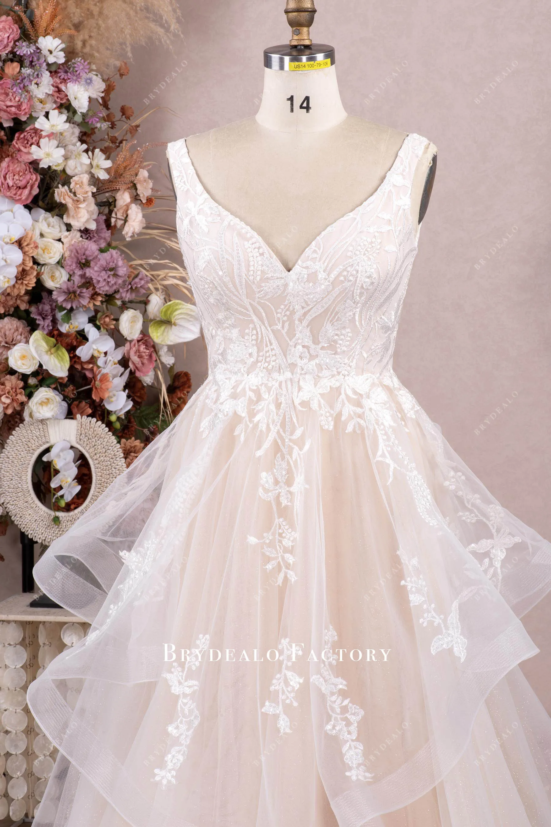 Custom Lace Light Champagne Ruffled Wedding Dress