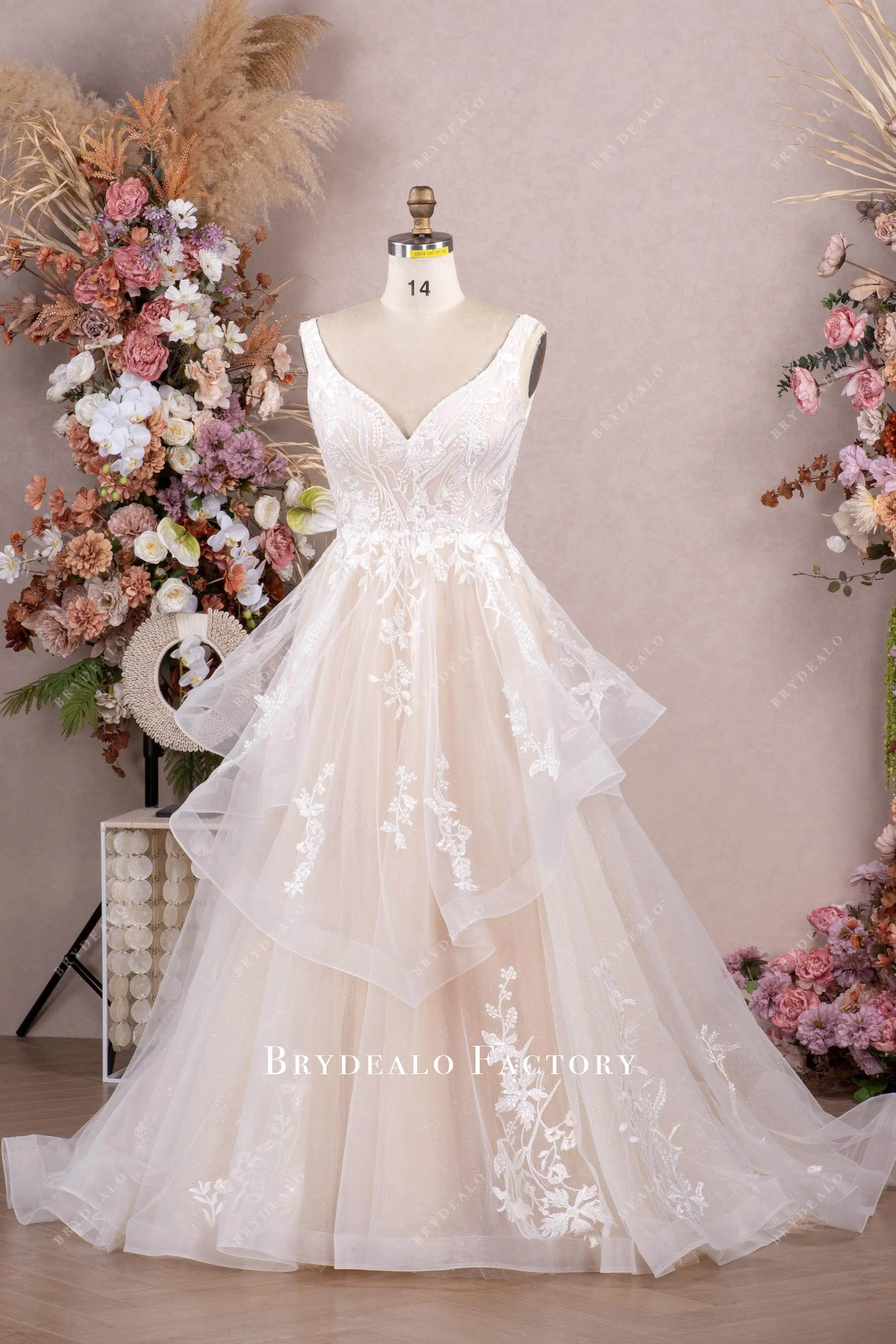 Custom Lace Light Champagne Ruffled Wedding Dress