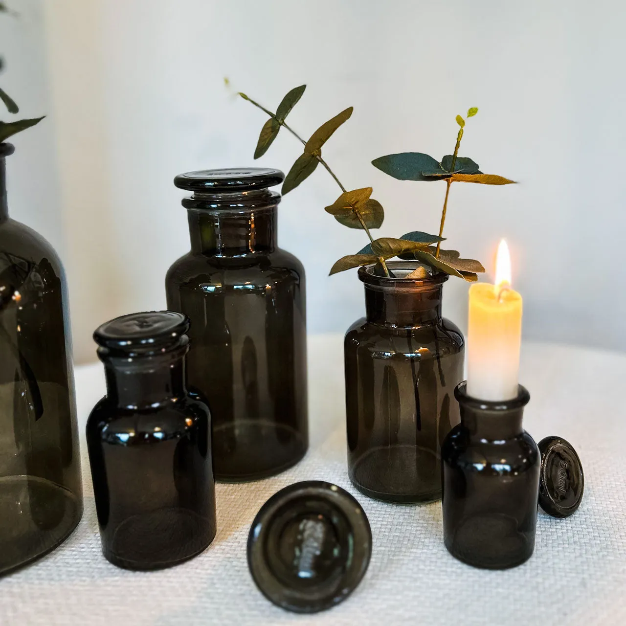 Dark Grey Glass Apothecary Bottle Vases with Lids - Wedding Vases