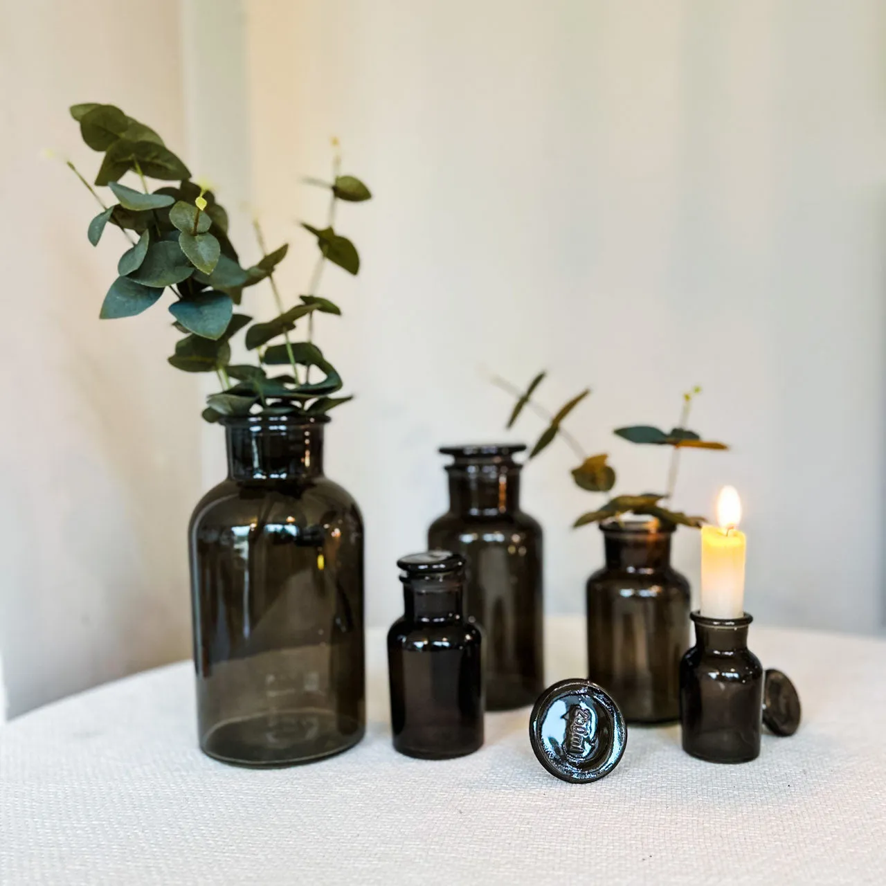 Dark Grey Glass Apothecary Bottle Vases with Lids - Wedding Vases