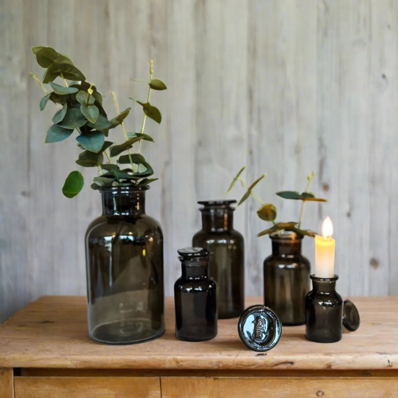 Dark Grey Glass Apothecary Bottle Vases with Lids - Wedding Vases