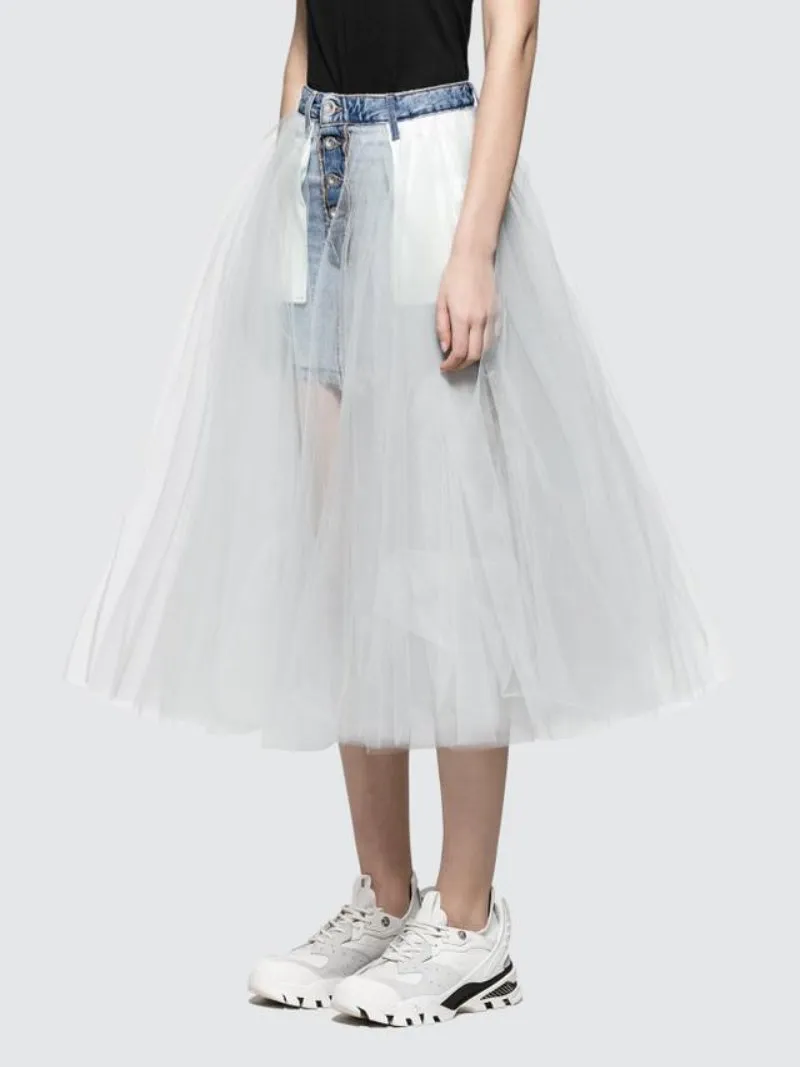 Denim tulle layered skirt