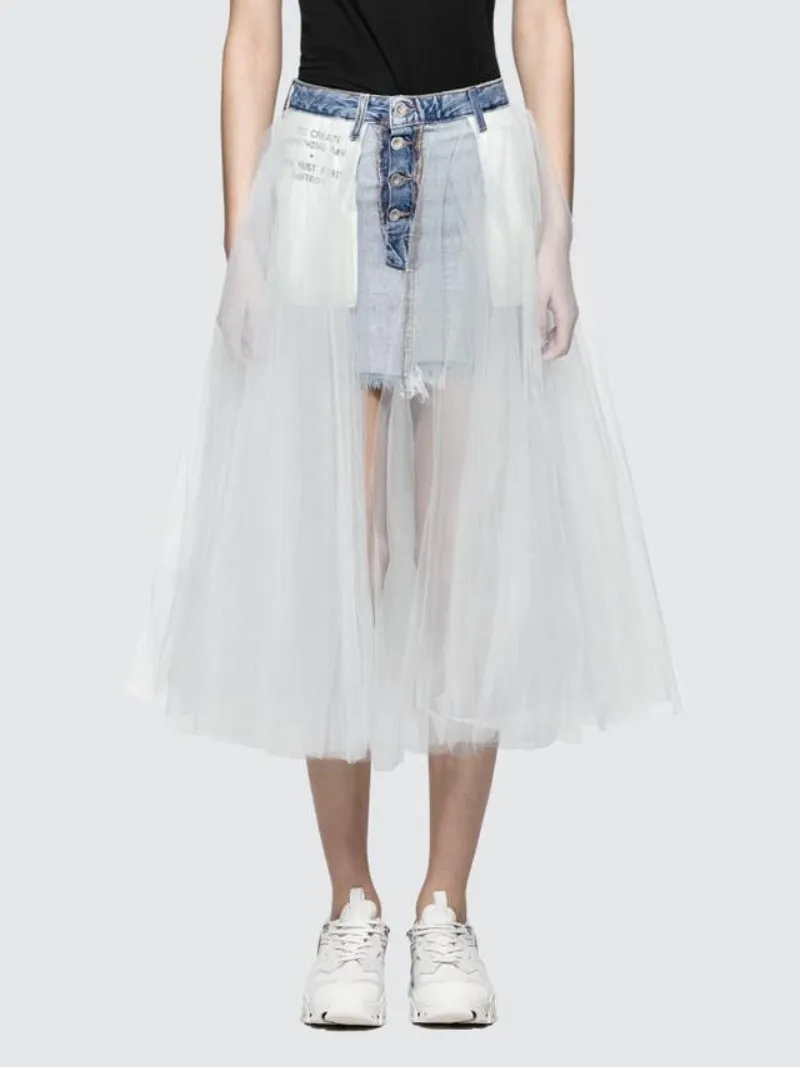 Denim tulle layered skirt