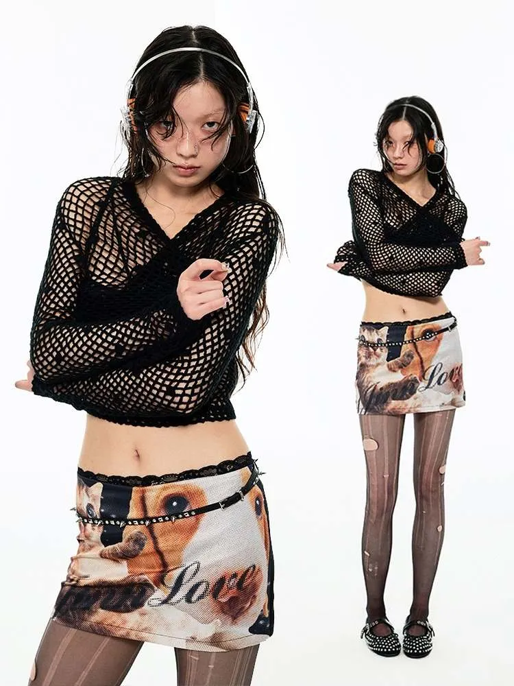 Dog & Cat Print Hip Hug Tight Mini Skirt【s0000009163】