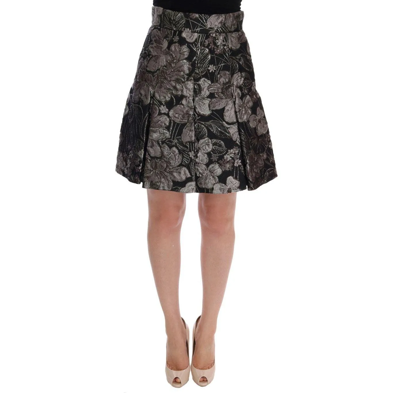 Dolce & Gabbana Elegant Black Silver-Floral Straight Skirt