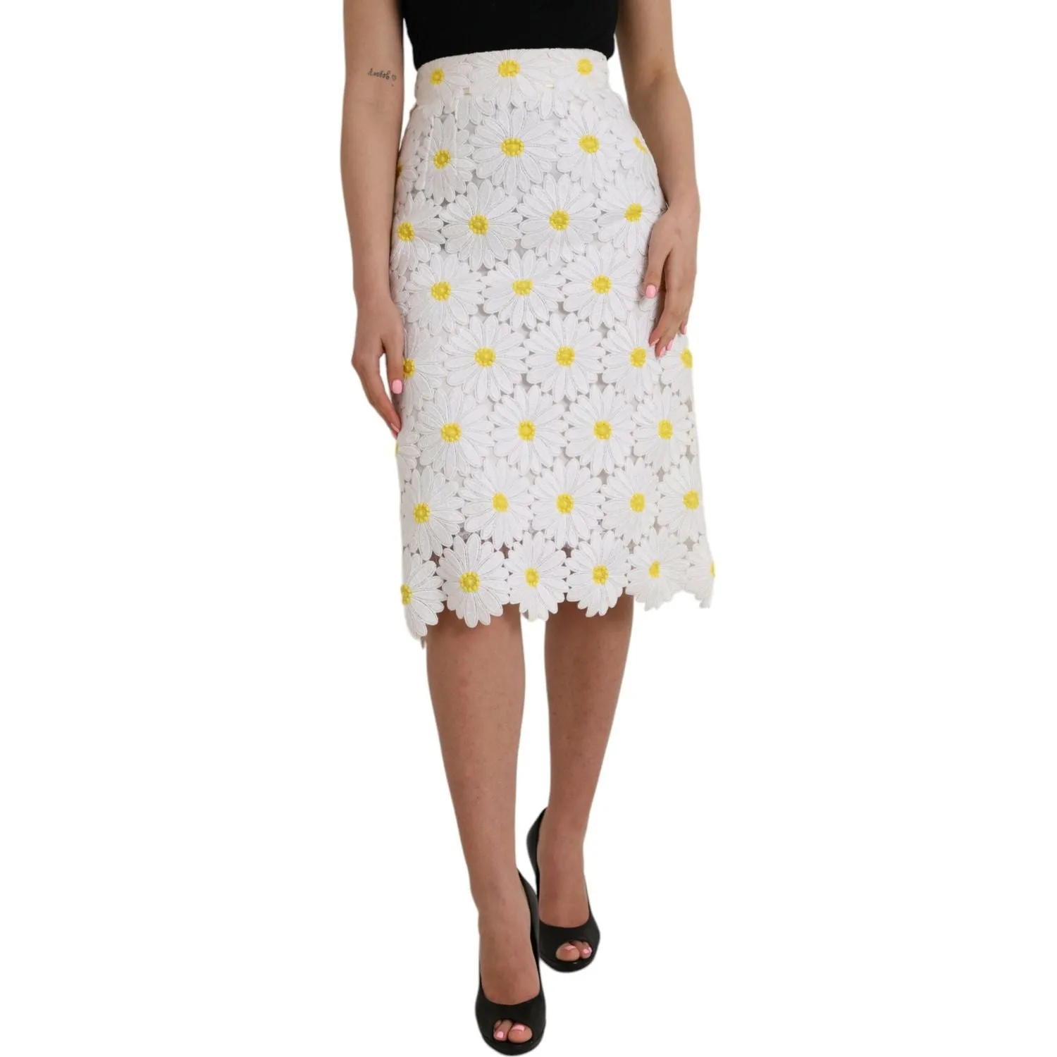 Dolce & Gabbana White Floral Pencil Straight Lace Skirt