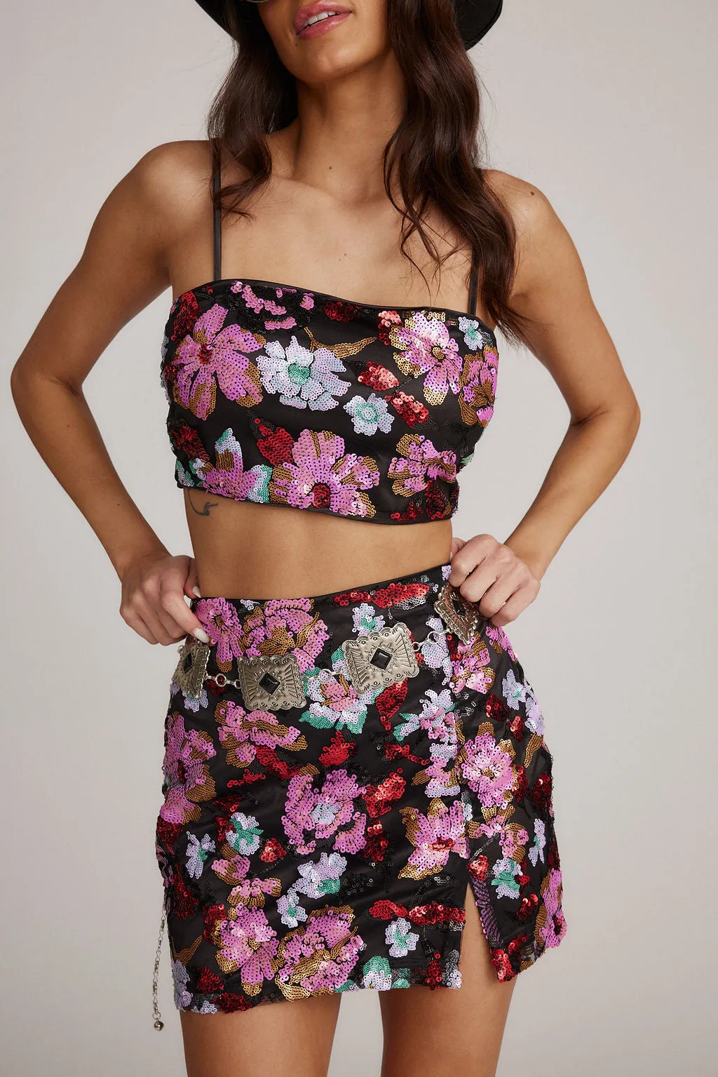 Dynamo Floral Sequin Mini Skirt