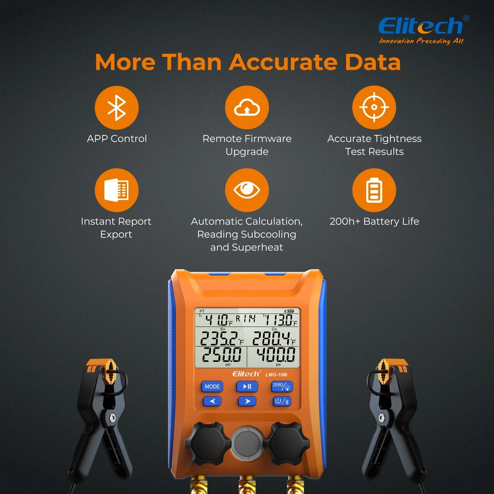 Elitech Digital Manifold Gauge 2-way Valve AC Gauges App Control with Thermometer Clamps for HVAC Systems, LMG-10W