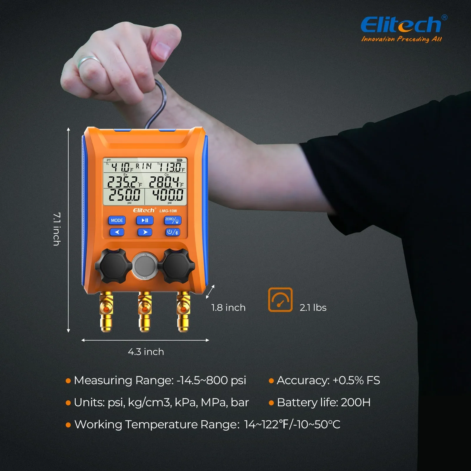 Elitech Digital Manifold Gauge 2-way Valve AC Gauges App Control with Thermometer Clamps for HVAC Systems, LMG-10W