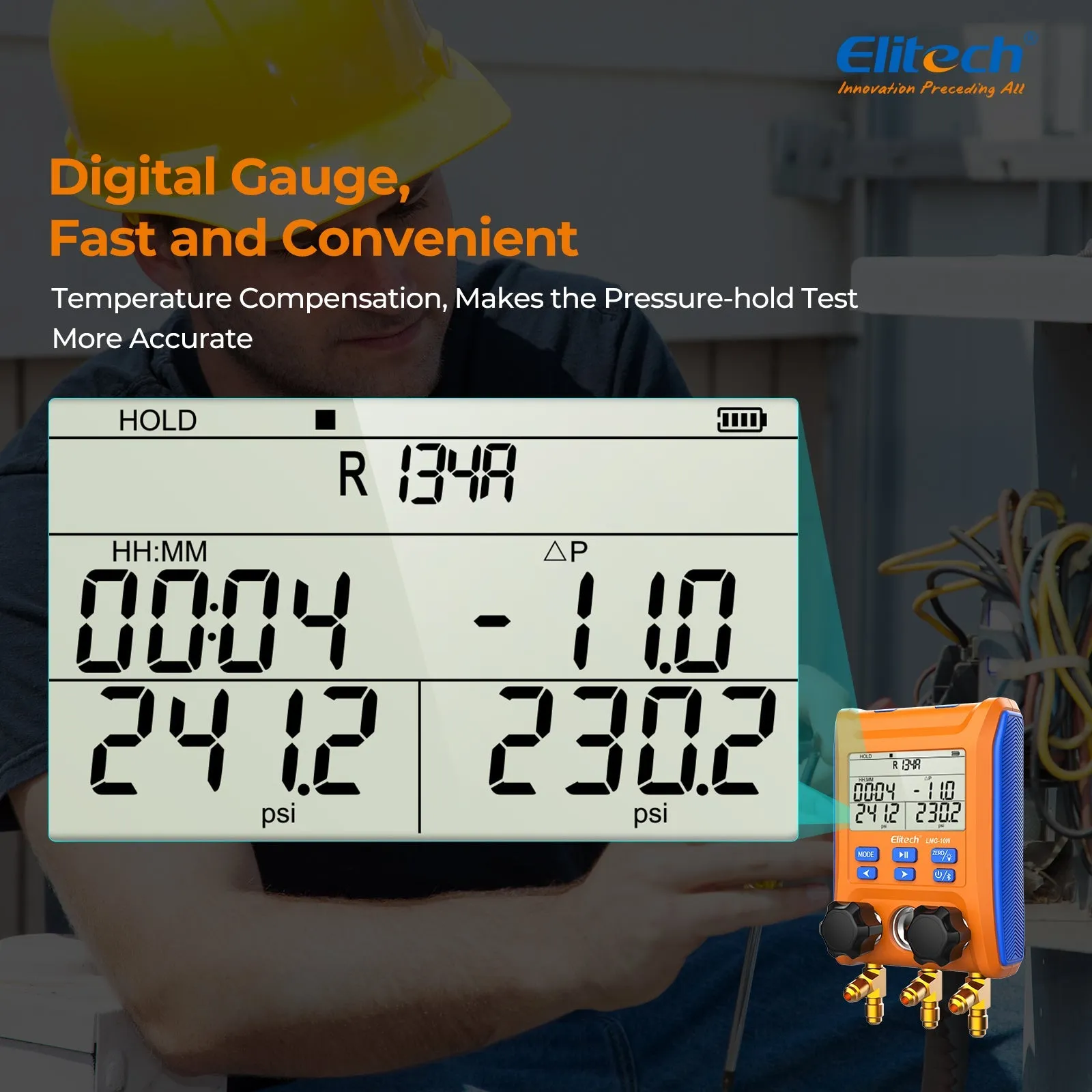 Elitech Digital Manifold Gauge 2-way Valve AC Gauges App Control with Thermometer Clamps for HVAC Systems, LMG-10W