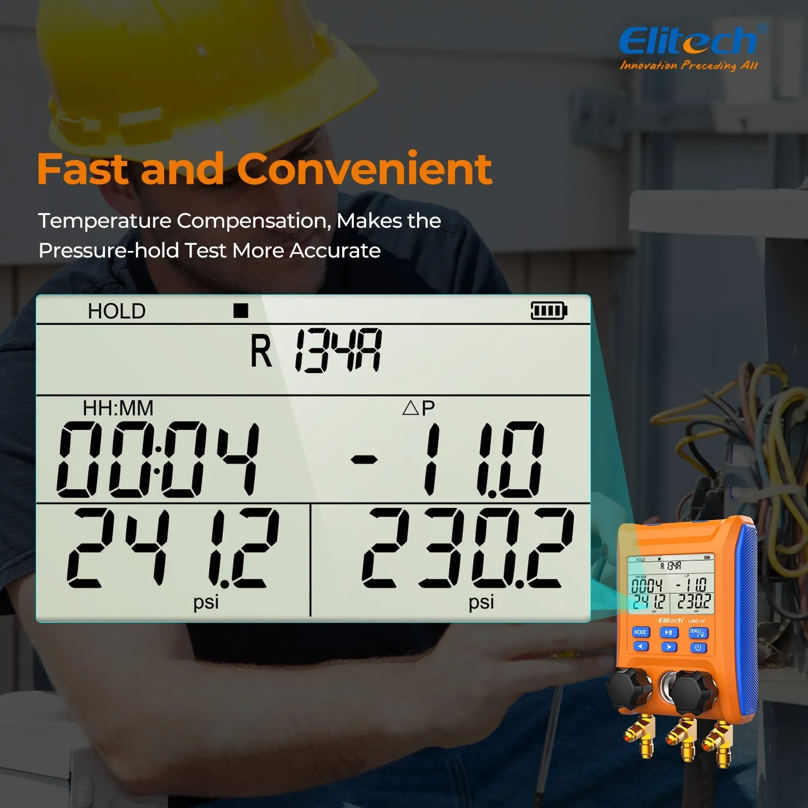 Elitech LMG-10 HVAC Digital Manifold Gauge 2 Valves with Thermometer Clamps