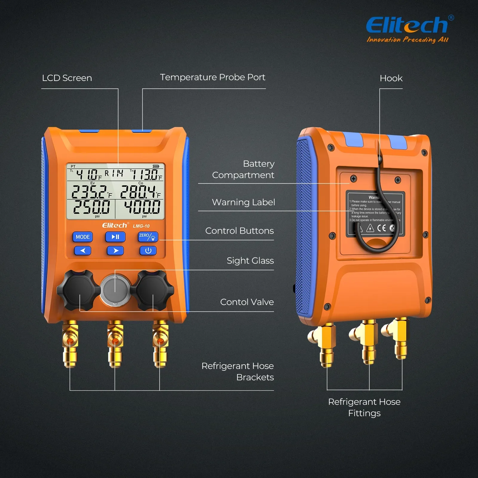 Elitech LMG-10 HVAC Digital Manifold Gauge 2 Valves with Thermometer Clamps