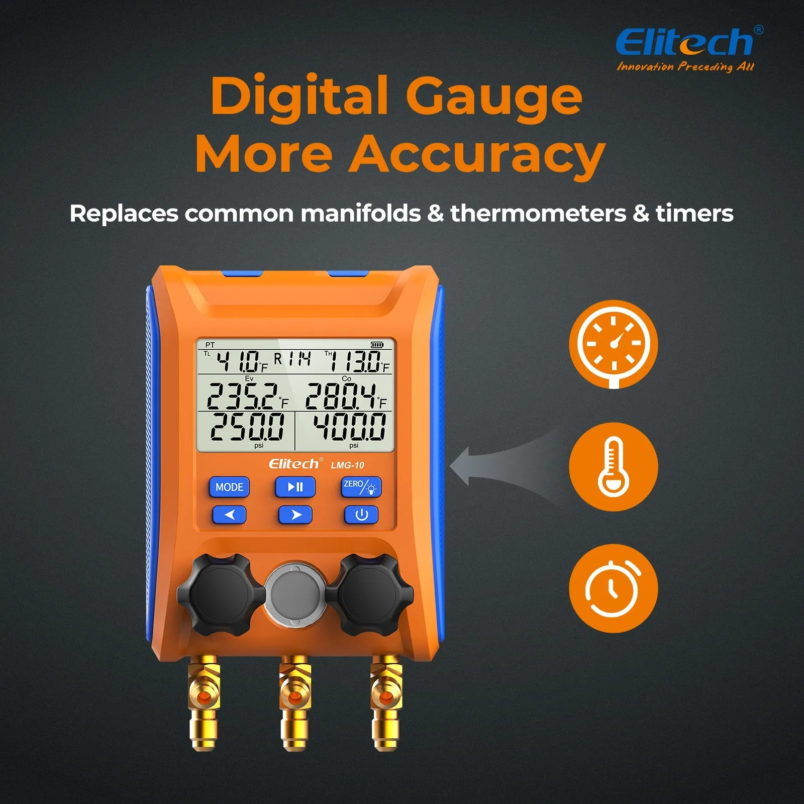 Elitech LMG-10 HVAC Digital Manifold Gauge 2 Valves with Thermometer Clamps