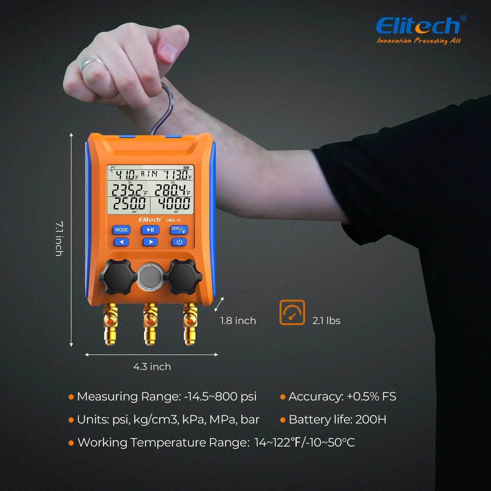 Elitech LMG-10 HVAC Digital Manifold Gauge 2 Valves with Thermometer Clamps