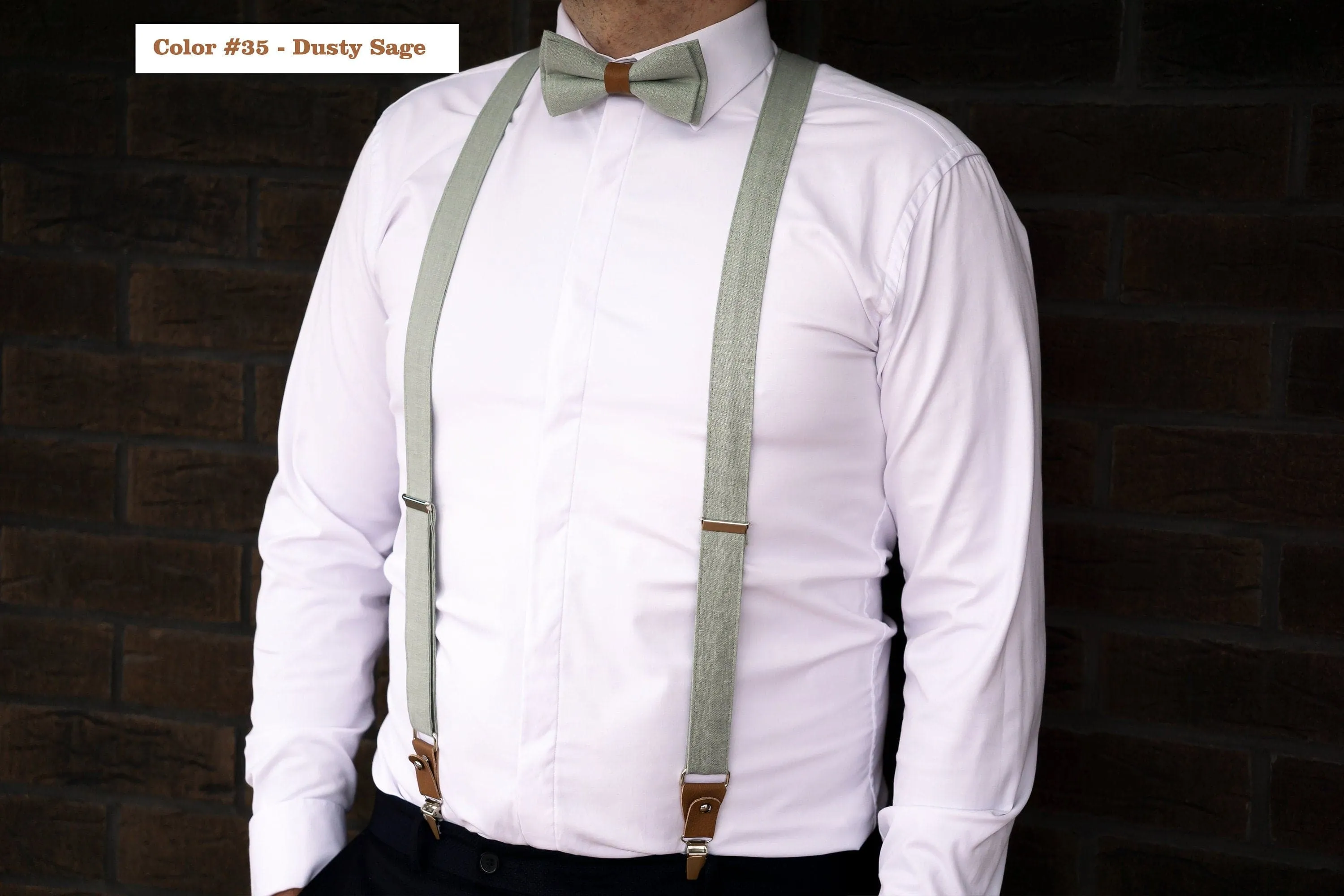 Eucalyptus Bow Tie and Suspender Set - Timeless Groomsmen Accessories - Optional Pocket Square