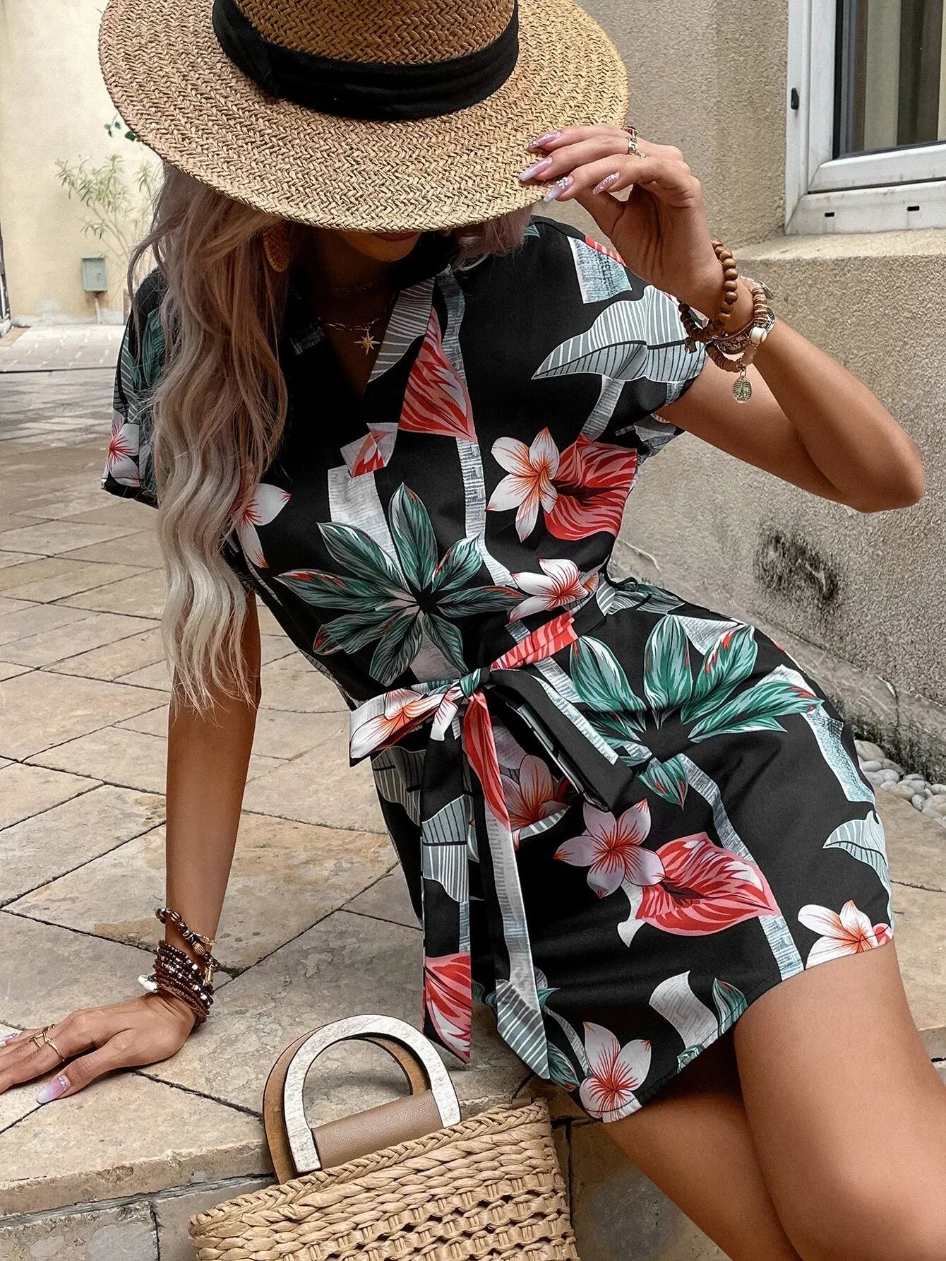 European Station Dress Floral Loose Short Sleeve Dress