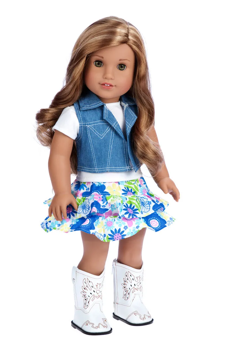 Feeling Happy - Western Doll Clothes for American Girl Doll - Colorful Skirt, White T-Shirt, Blue Jeans Vest, White Cowgirl Boots