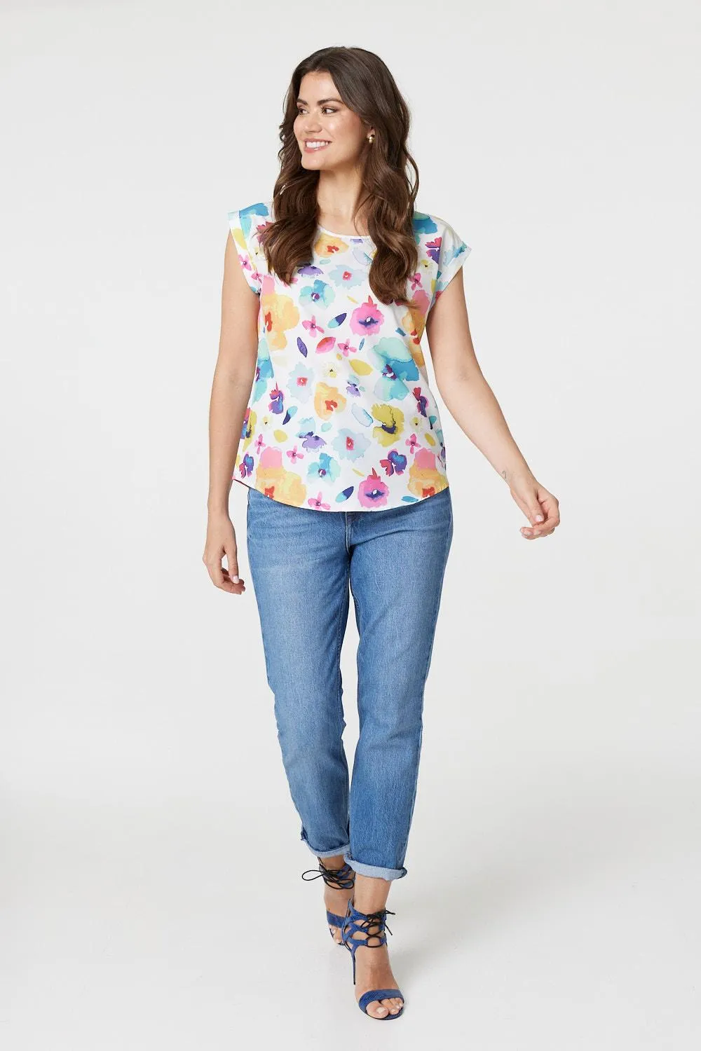 Floral Print Turn-Up Cap Sleeve Shell Top