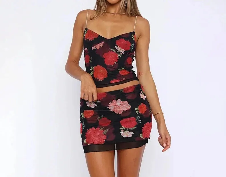 Girlary European and American Women's Clothing New Mesh Flower Print Small Suspender Skirt Two-piece Summer Vacation Skirt Set