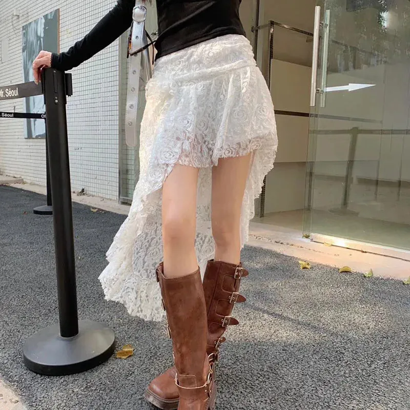 Girlary Fashion Lace Skirt For Women Double-deck Irregular Sexy See Through White Patchwork Skirt Y2K Hot Girl Summer Short Skirt