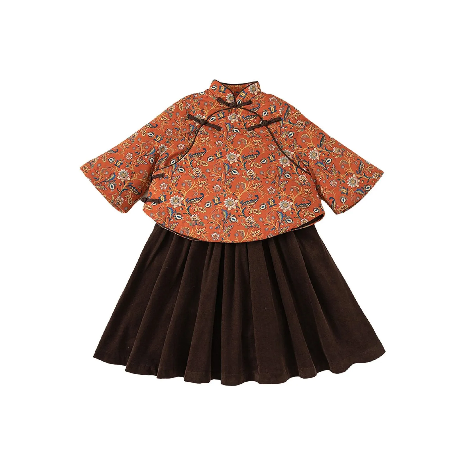 Girls' Oriental Floral Top and Velvet Skirt Set - Chinese New Year Outfit