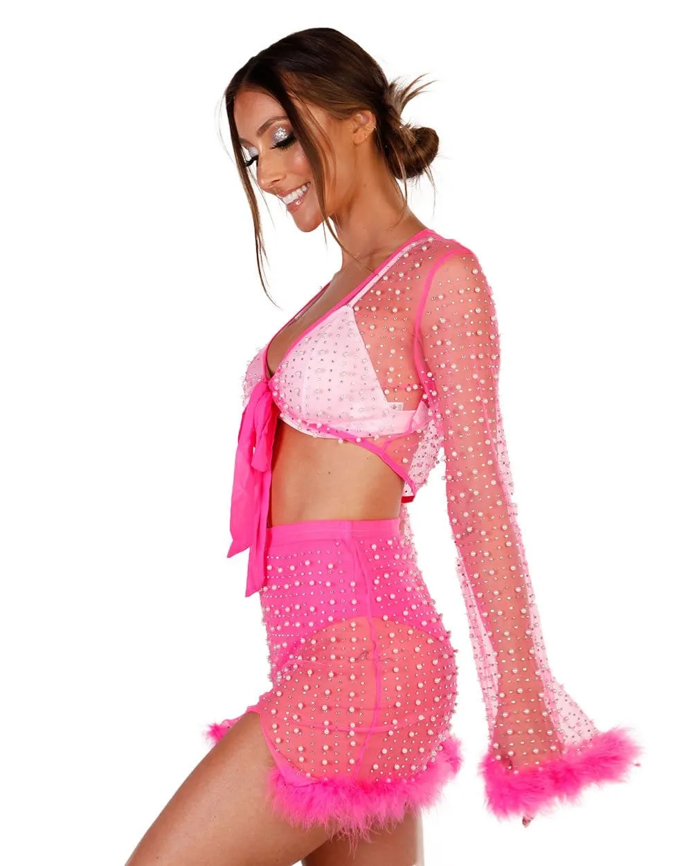 Glamour Girl Pearl Studded Marabou Skirt Set - Neon Pink