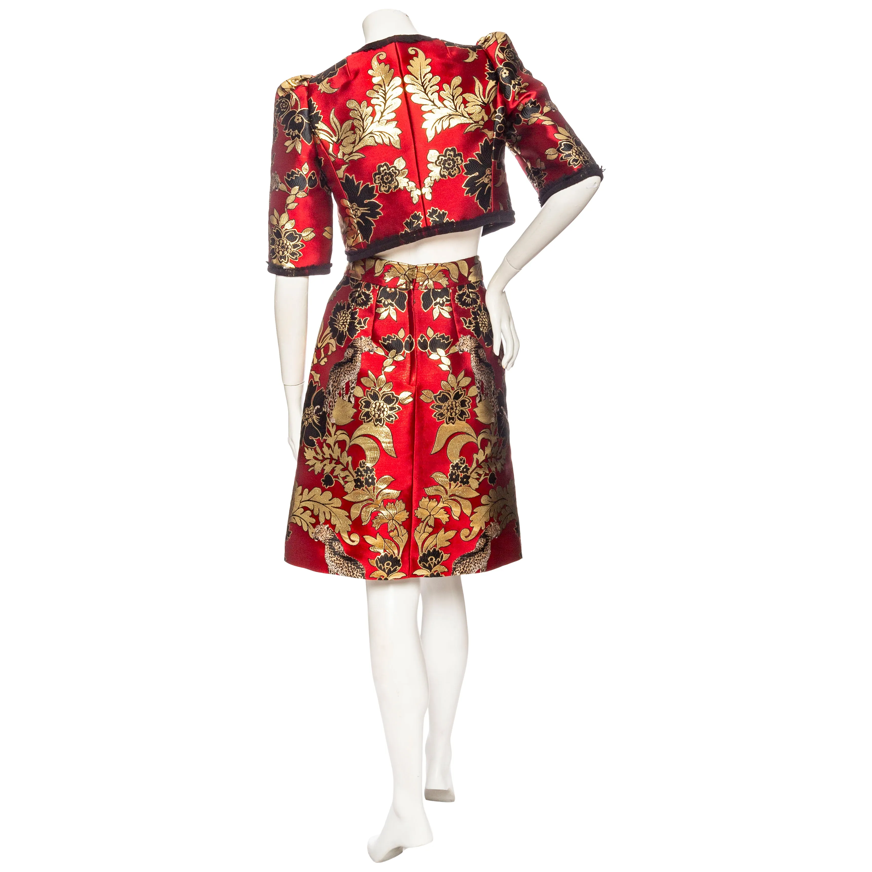 Gold and Red Leopard Motif Jacquard Jacket and Skirt Set