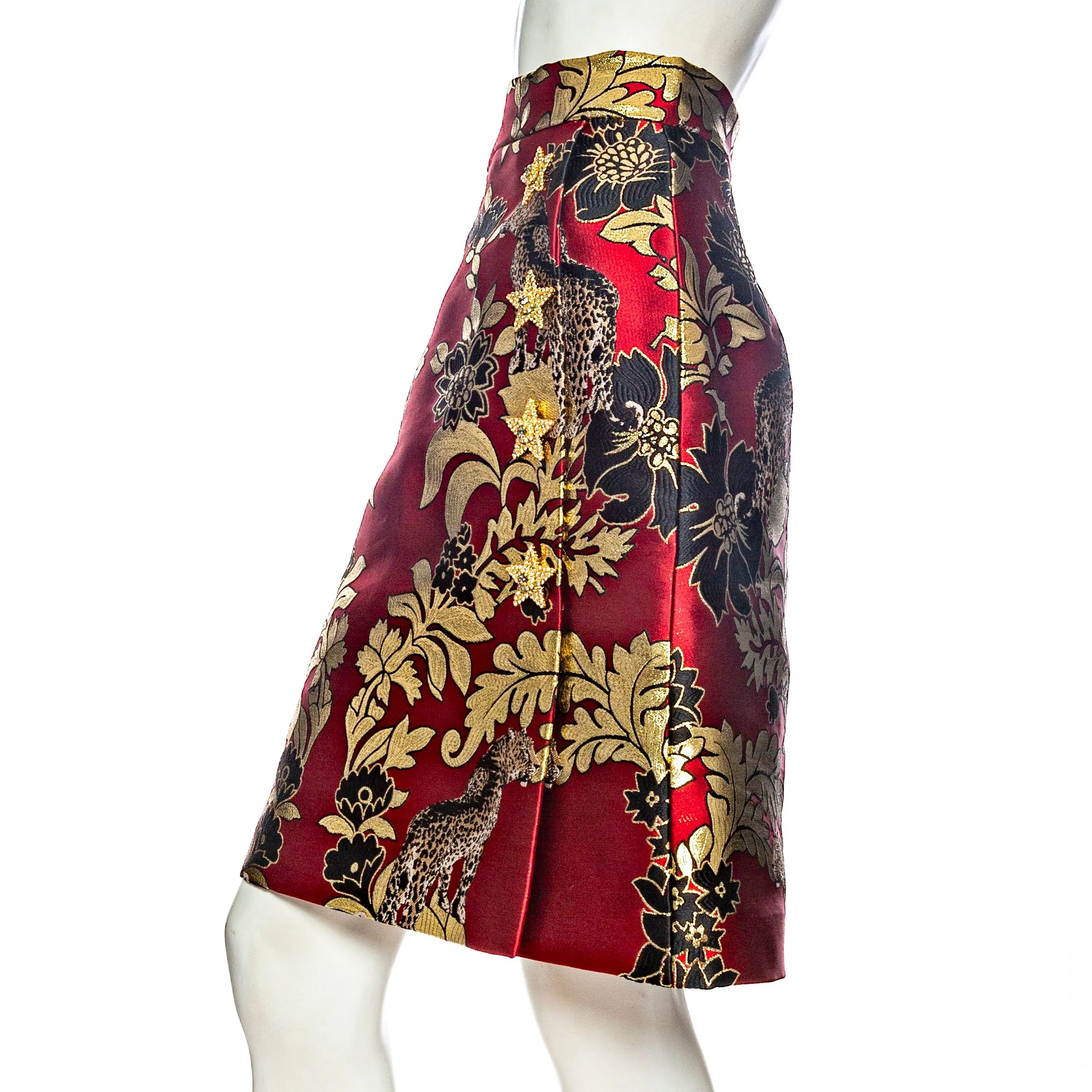 Gold and Red Leopard Motif Jacquard Jacket and Skirt Set