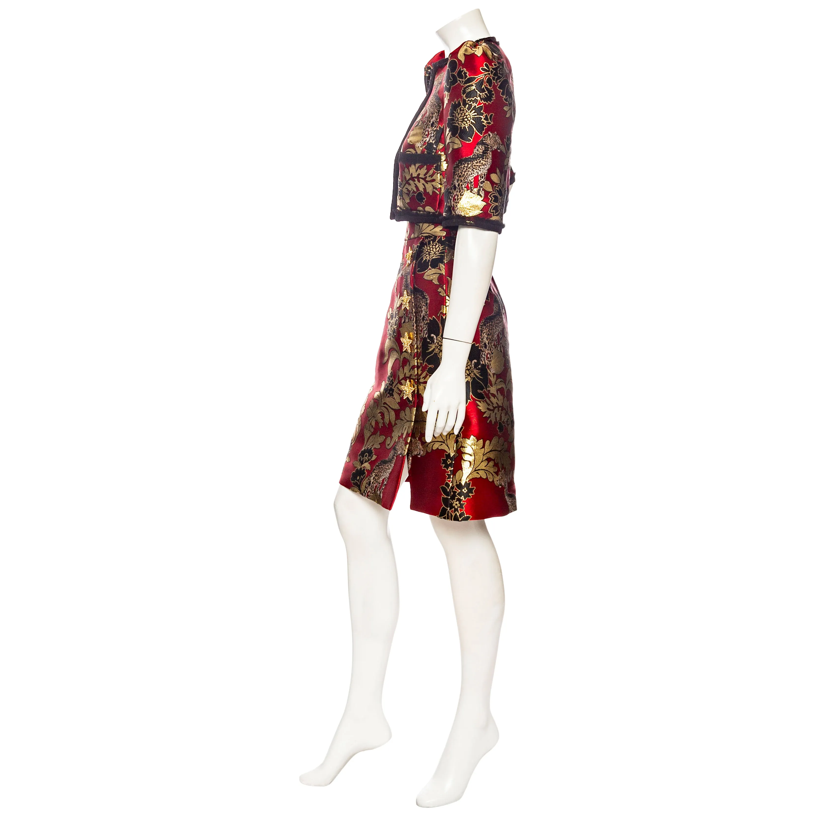 Gold and Red Leopard Motif Jacquard Jacket and Skirt Set