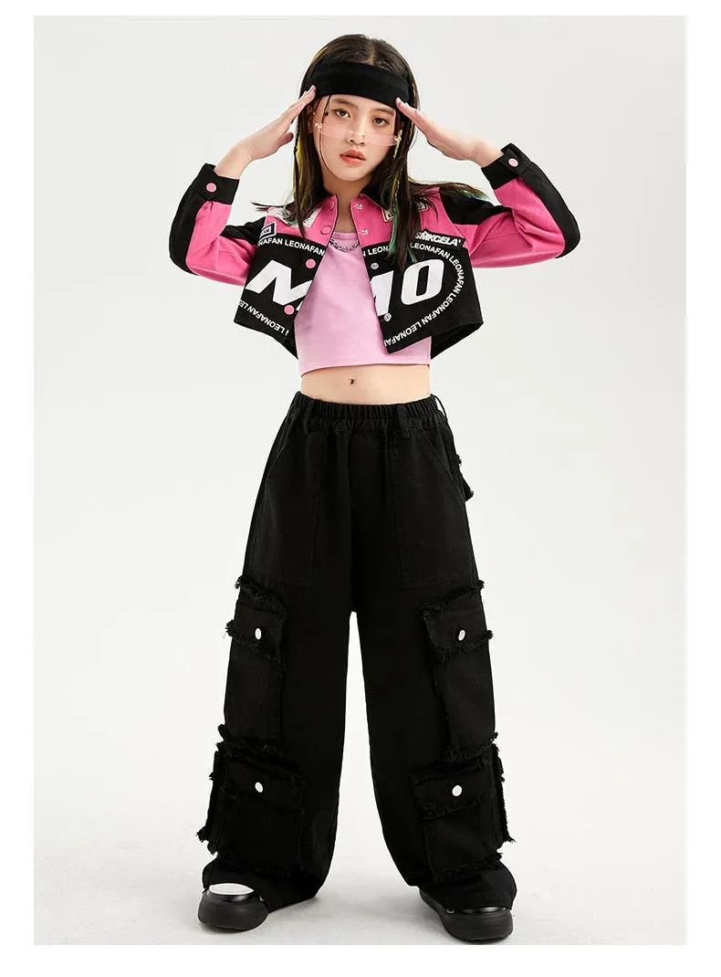 #H470 Girls Hip Hop Cool Short Baseball Style Jacket -Street Dance Baggy Cargo Pants