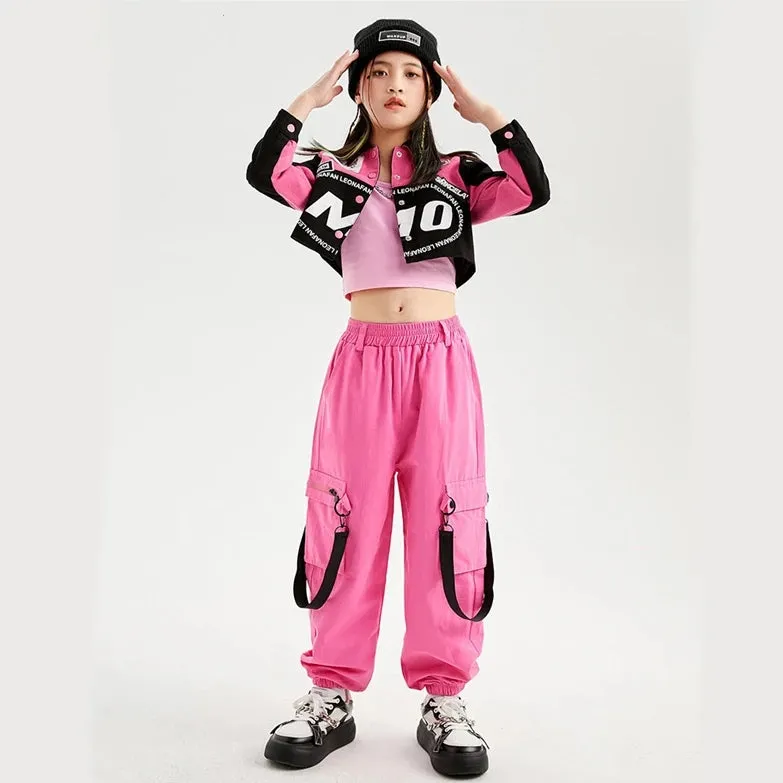 #H470 Girls Hip Hop Cool Short Baseball Style Jacket -Street Dance Baggy Cargo Pants