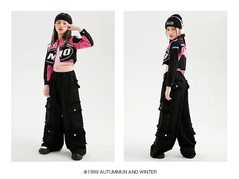 #H470 Girls Hip Hop Cool Short Baseball Style Jacket -Street Dance Baggy Cargo Pants