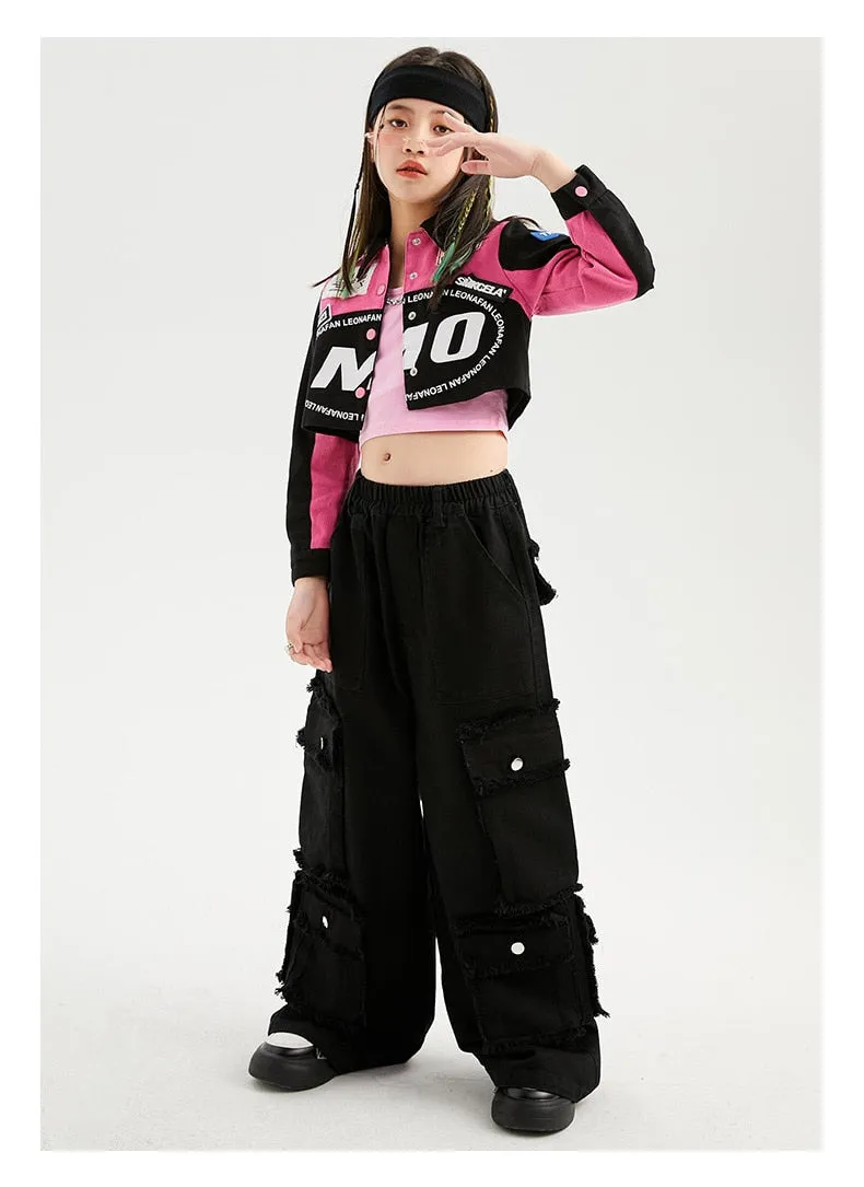 #H470 Girls Hip Hop Cool Short Baseball Style Jacket -Street Dance Baggy Cargo Pants