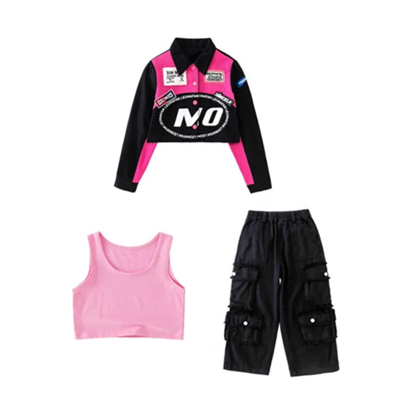 #H470 Girls Hip Hop Cool Short Baseball Style Jacket -Street Dance Baggy Cargo Pants