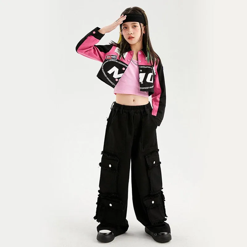 #H470 Girls Hip Hop Cool Short Baseball Style Jacket -Street Dance Baggy Cargo Pants