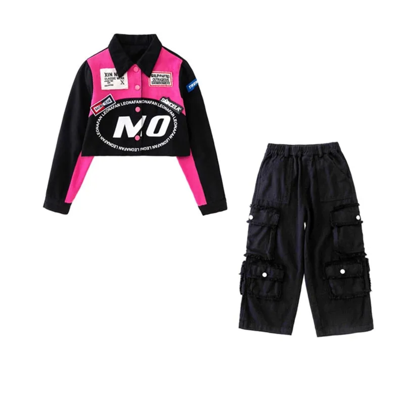 #H470 Girls Hip Hop Cool Short Baseball Style Jacket -Street Dance Baggy Cargo Pants