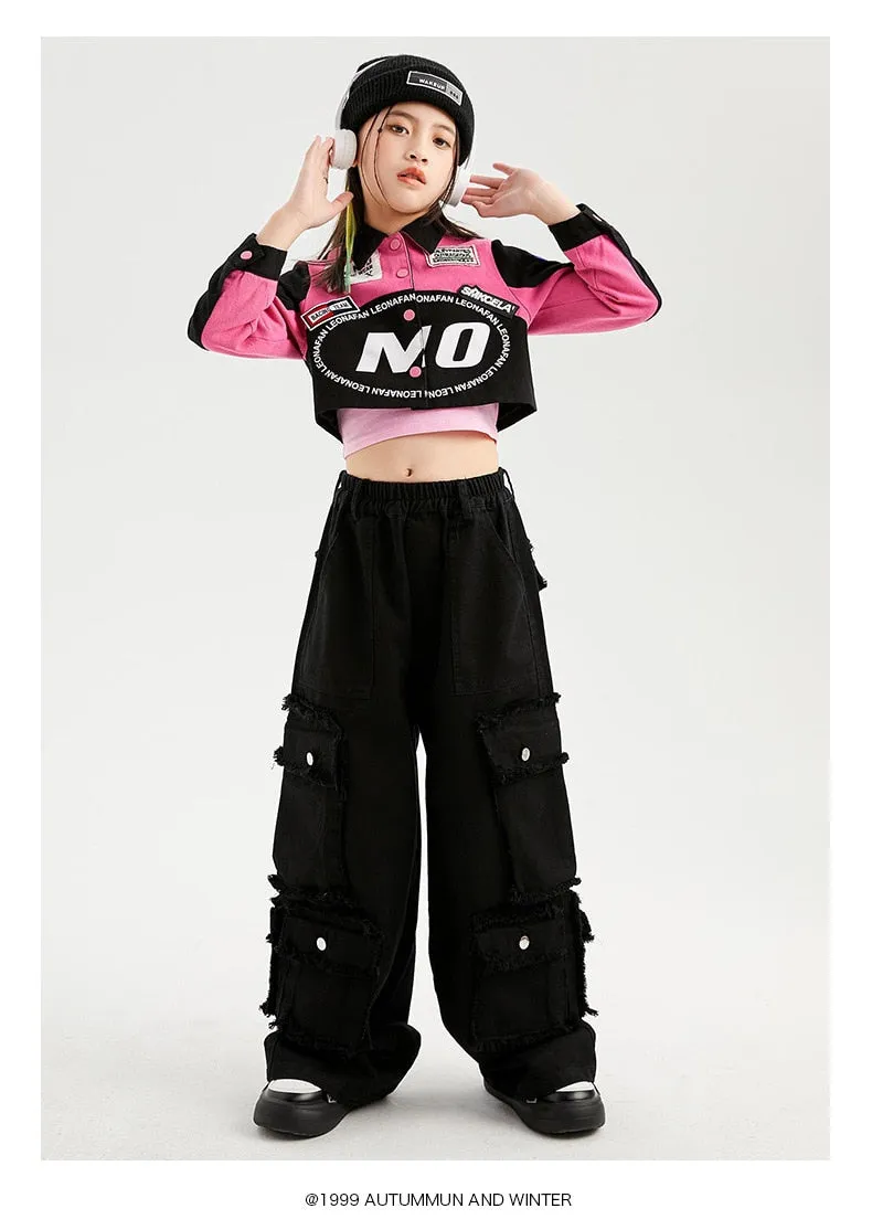 #H470 Girls Hip Hop Cool Short Baseball Style Jacket -Street Dance Baggy Cargo Pants