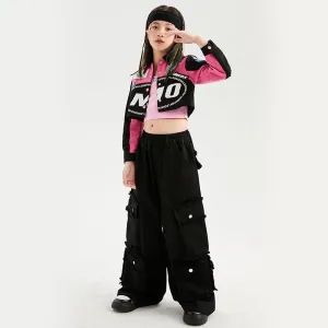 #H470 Girls Hip Hop Cool Short Baseball Style Jacket -Street Dance Baggy Cargo Pants