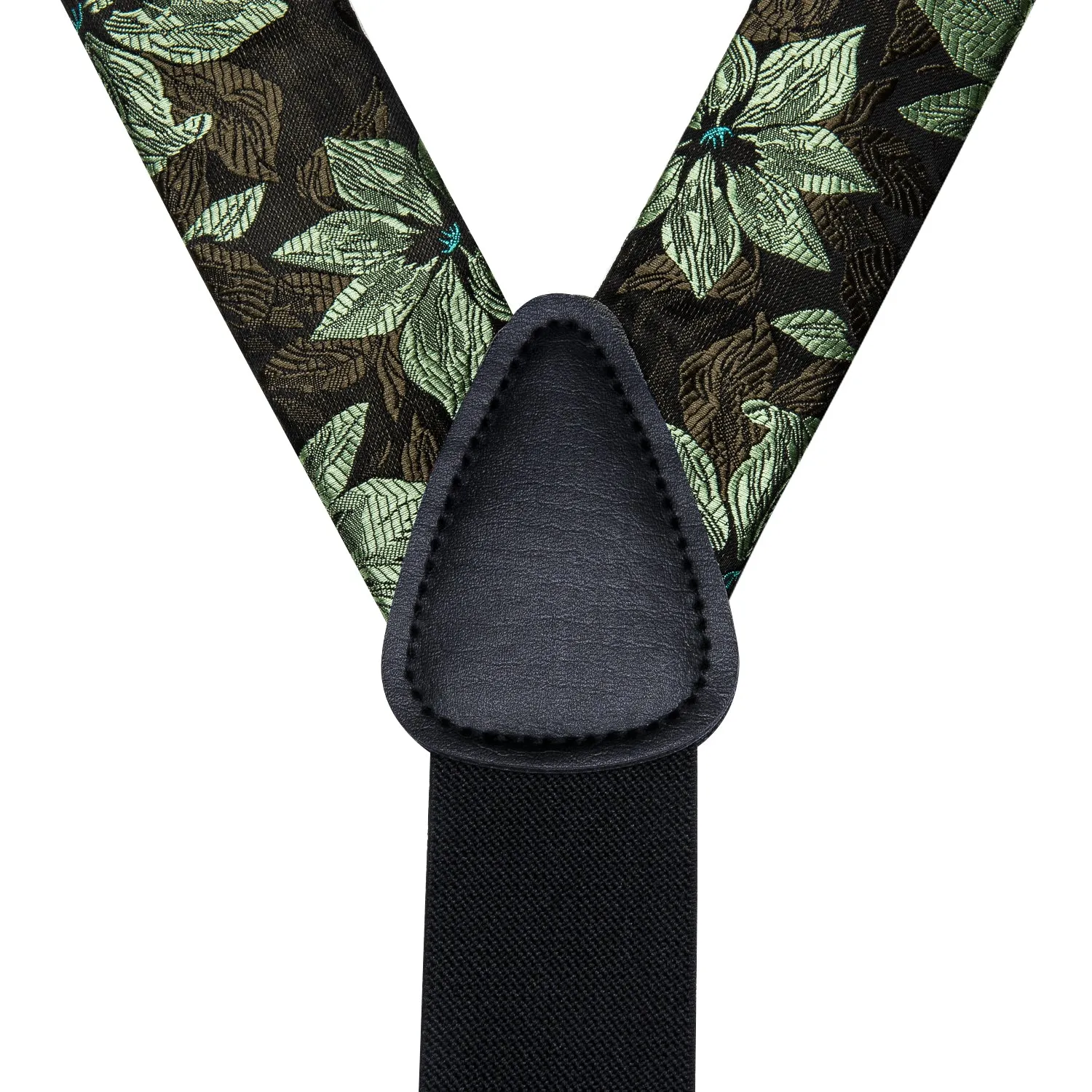 Hi-Tie Black Green Floral Suspender Bowtie Pocket Square Cufflinks Set