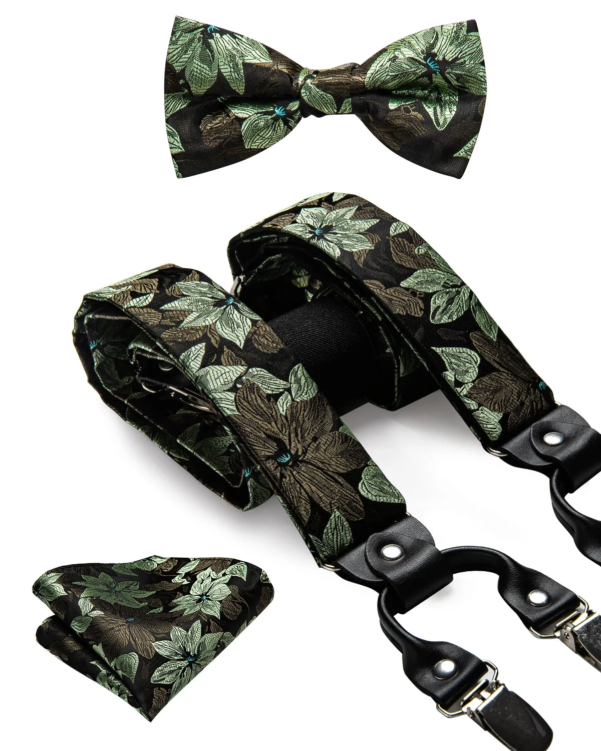 Hi-Tie Black Green Floral Suspender Bowtie Pocket Square Cufflinks Set